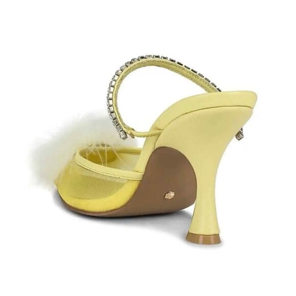 NEW RAYE Duke Heel Mesh Feather pompom Crystal Embellished Strap Pale Yellow 9.5 - Picture 6 of 10